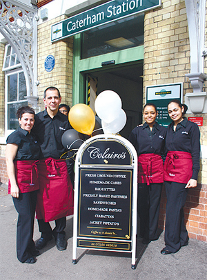 Lucy and Paul with assistants Faye and Dee in their smart new uniforms outside Colairo's.