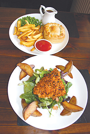 Our mains, the Steak and Ale Pie and Salsa Topped Salmon.