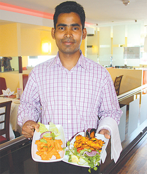 Fariv with the Chicken Harisha Salad and Saffron Tandoori Jhinga.