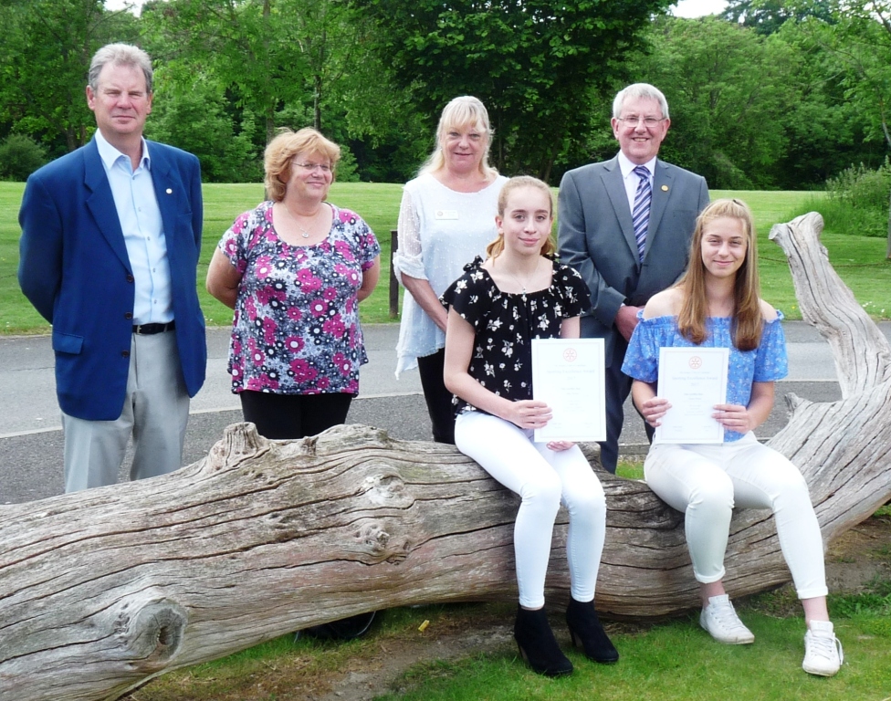 Caterham Rotary Judges David Barrett, Sarah Berke, Marianne  Woods and Geraint Jenkins with (l to r) Amy Davies and Ylenia Priest.